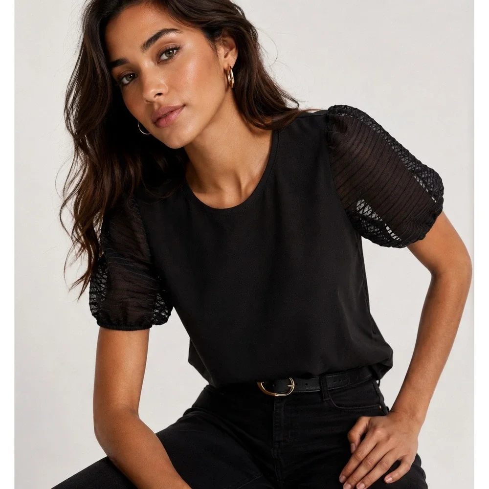 Madewell‎ Women Black Puff Sleeve Sheer Mesh Top Blouse Cotton Blend S